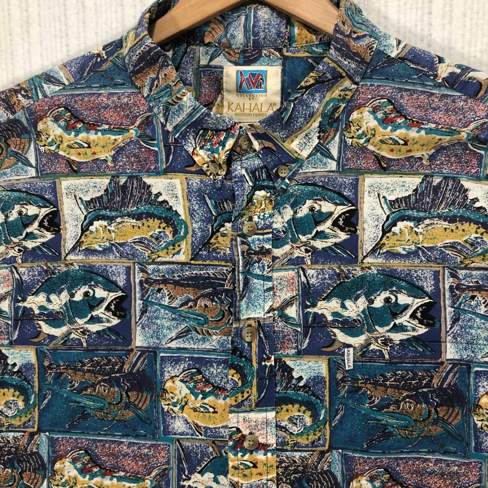 Kahala Mens XL Vintage Fish Print Hawaiian Shirt Blue Short Sleeve Cotton Hawaii